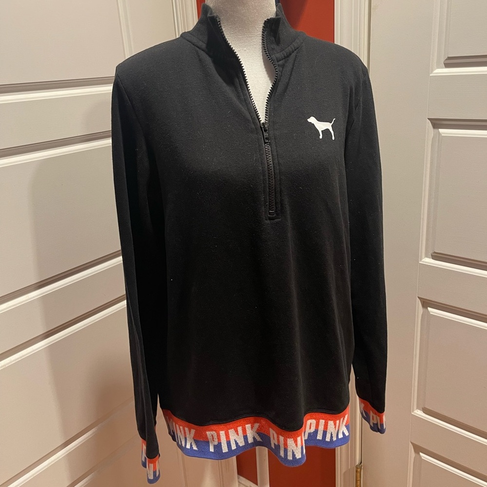 Victoria’s Secret PINK 1/4 zip black sweatshirt colored sleeve cuffs & hem Sz M